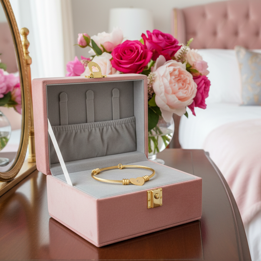 Pink jewelry box with a gold bracelet with letter "C" engraved on heart charm on a table with flowers in a bedroom