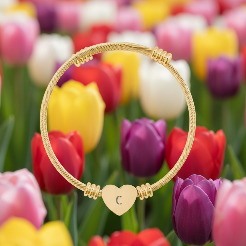 Gold bracelet with heart charm initial "C" with a background of multi-colored tulips.
