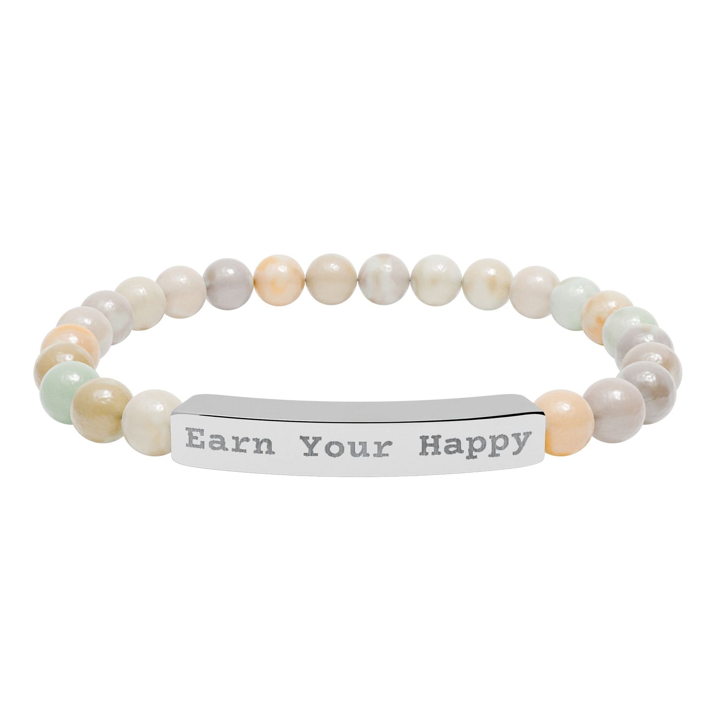 Natural Stone stretch beaded bracelet with a silver engraved bar reading 'Earn Your Happy' on a white background