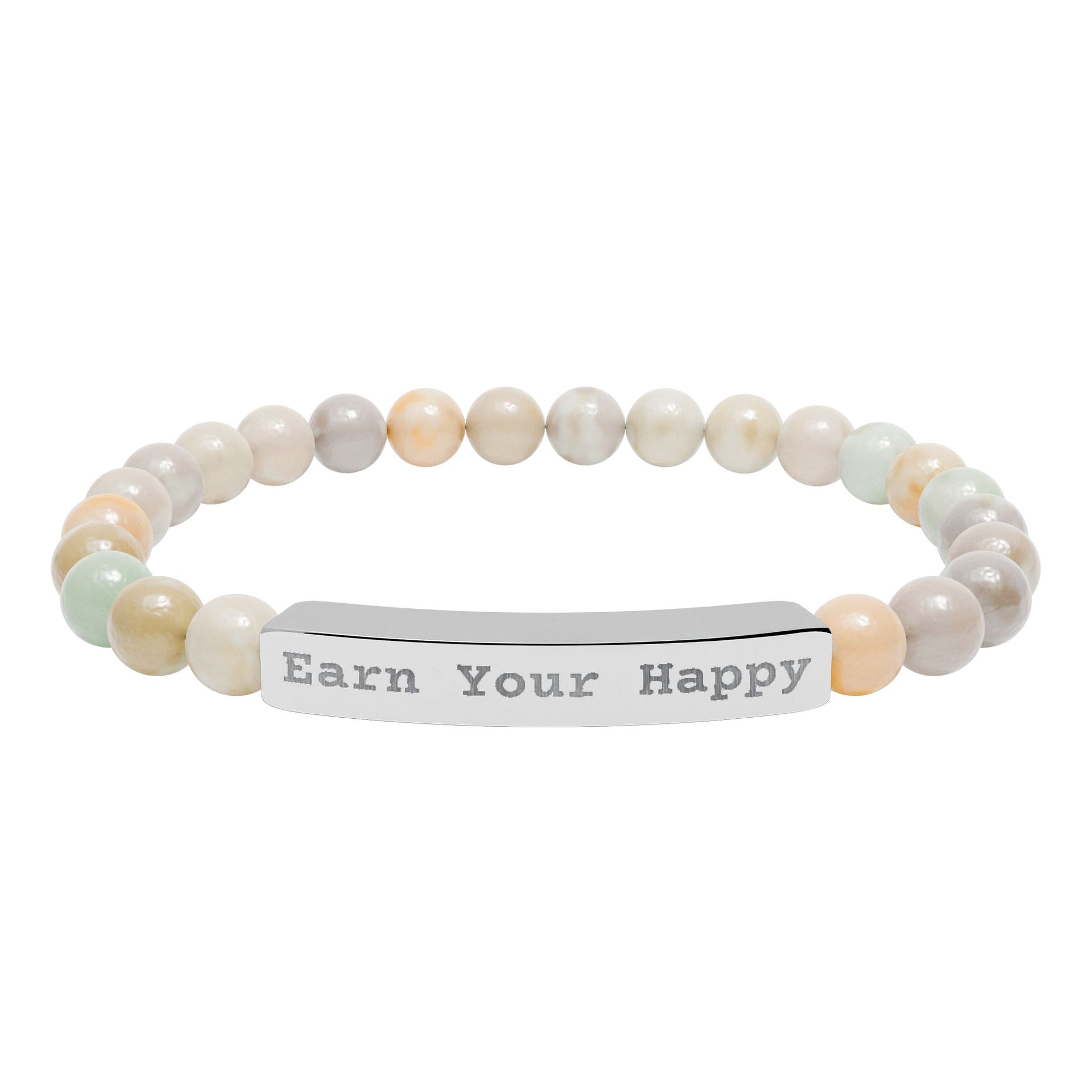 Natural Stone stretch beaded bracelet with a silver engraved bar reading 'Earn Your Happy' on a white background