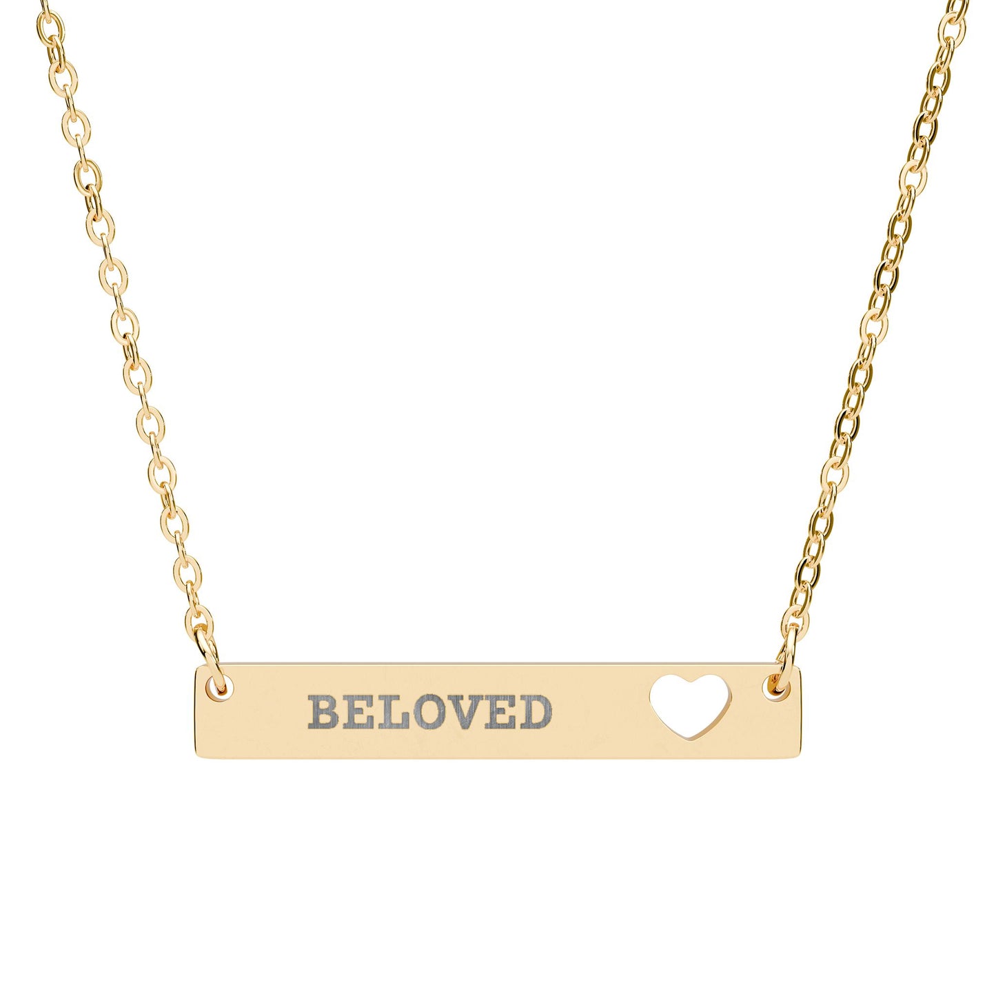 Gold necklace with 'Beloved' pendant on a white background