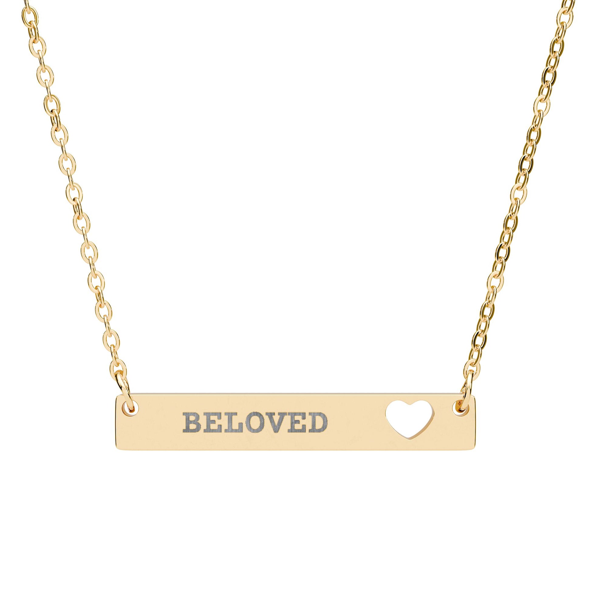 Gold necklace with 'Beloved' pendant on a white background