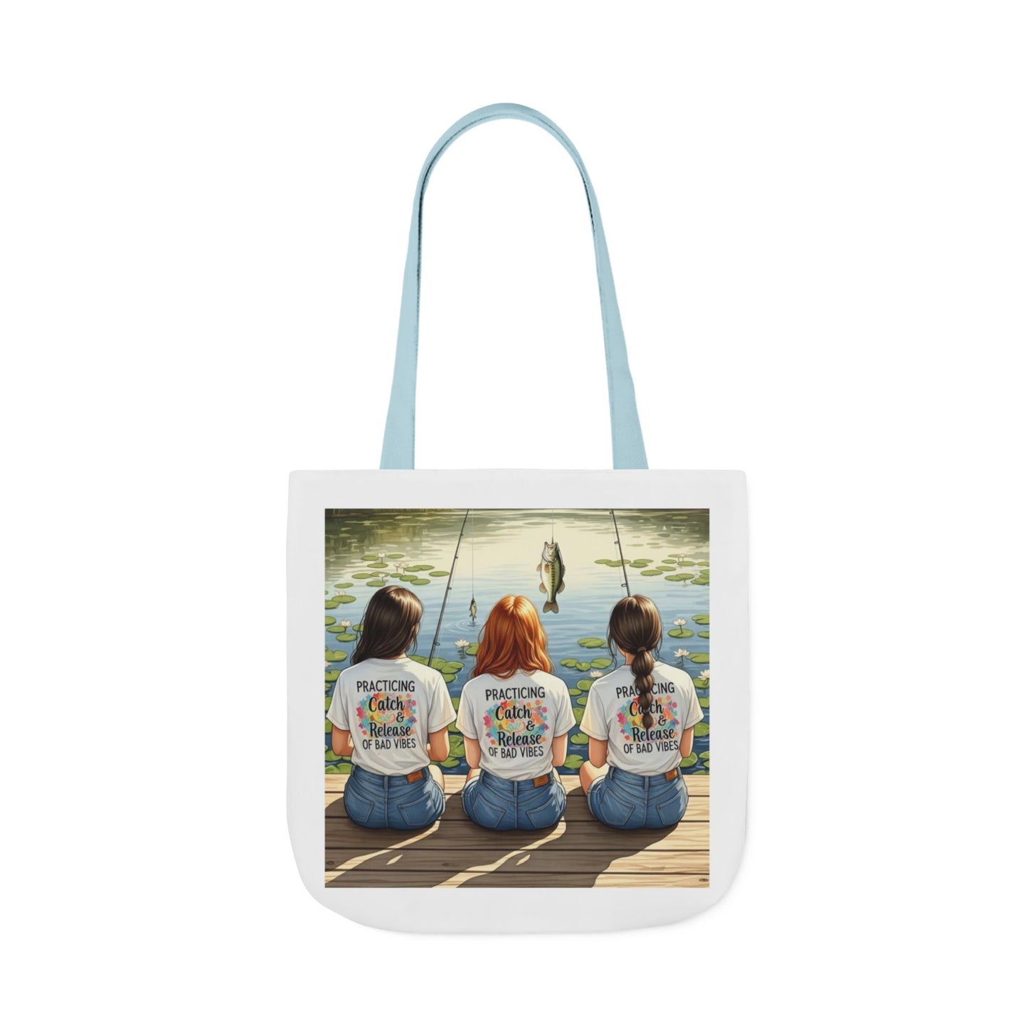 Tote bag with a printed design of three women fishing on a dock.