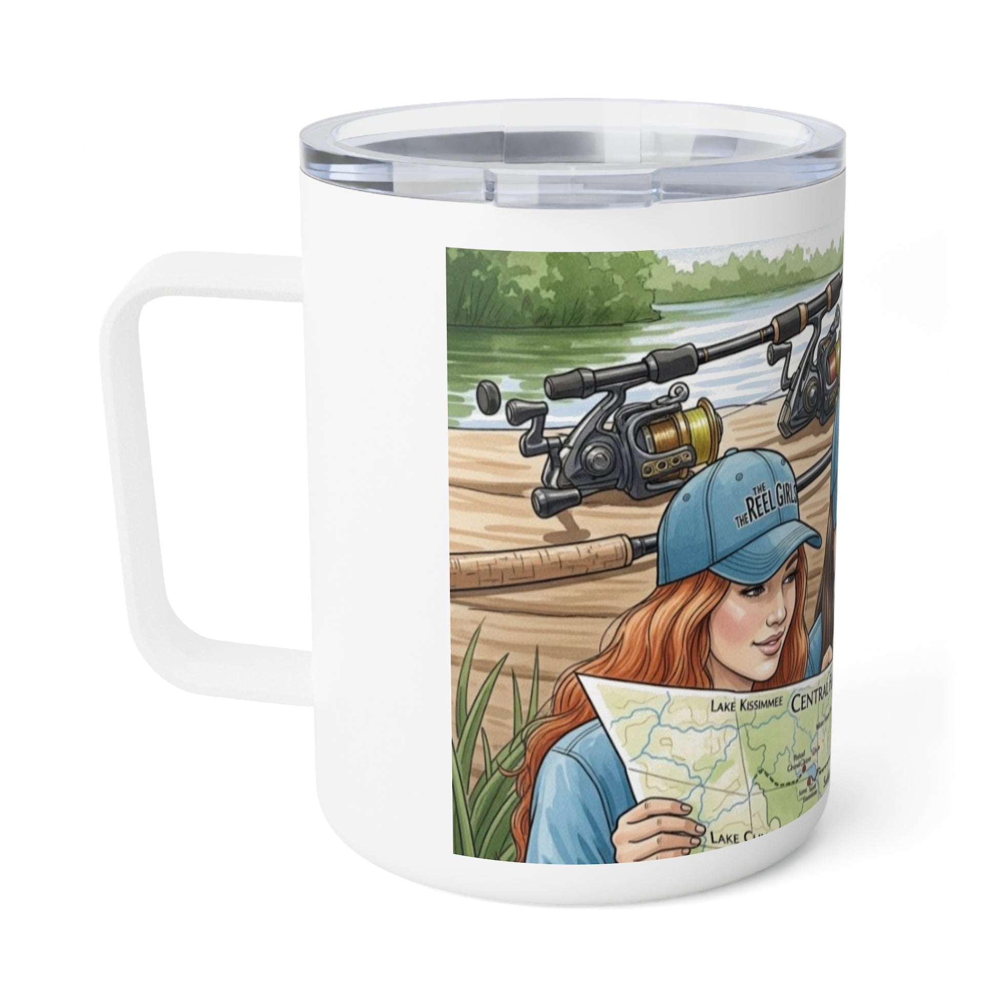 Tumbler with a design of a woman holding a map and fishing equipment on a lake.