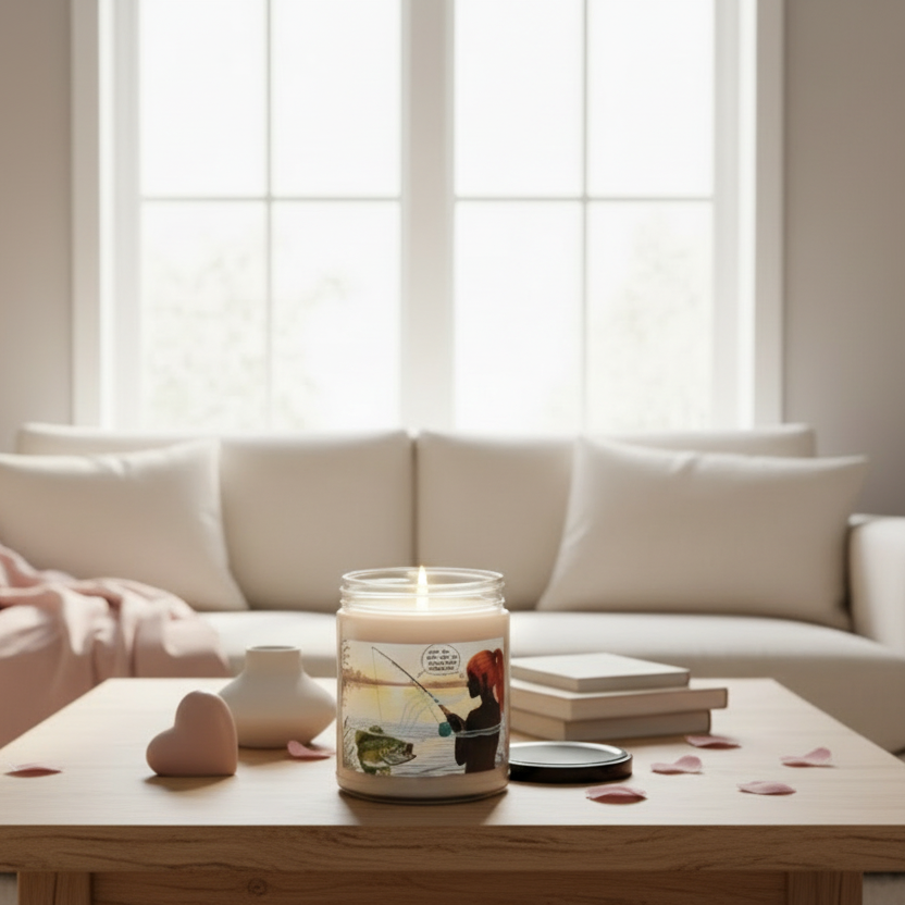 Candle with a scenic design on a coffee table in a bright living room.