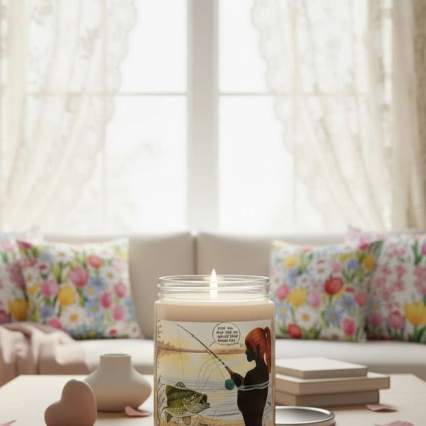 Candle with a fishing design on a table in a living room with a couch and pillows.