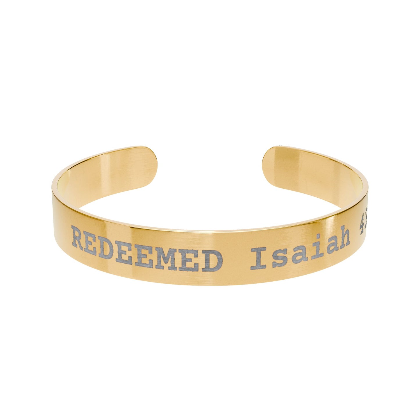 Gold bracelet with 'REDEEMED Isaiah' engraving on a white background