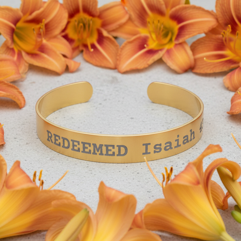 Gold bracelet with 'REDEEMED Isaiah' engraving surrounded by orange squash blossoms.