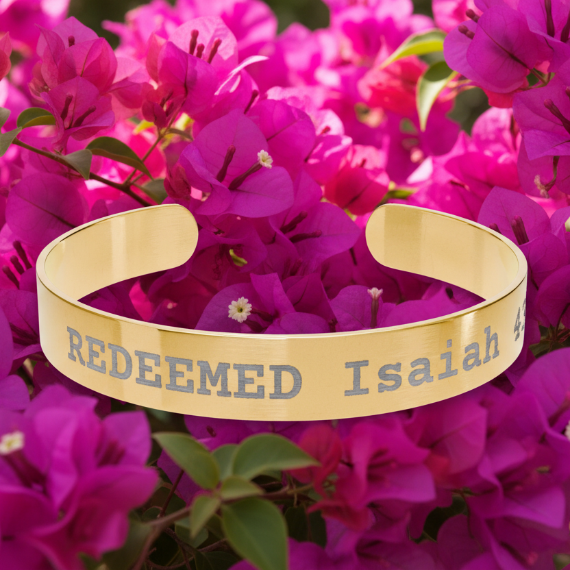 Gold cuff bracelet with 'REDEEMED Isaiah' engraving on a hot pink flowers in bloom background

