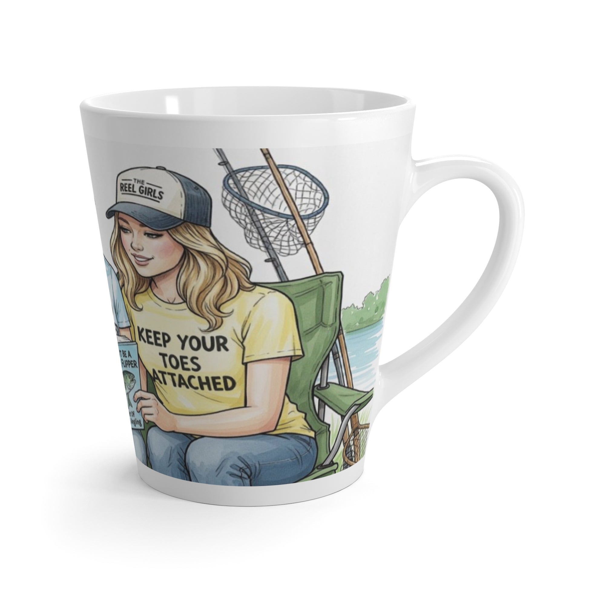 Mug with a design of a woman fishing, wearing a cap and yellow shirt with text, on a white background.

