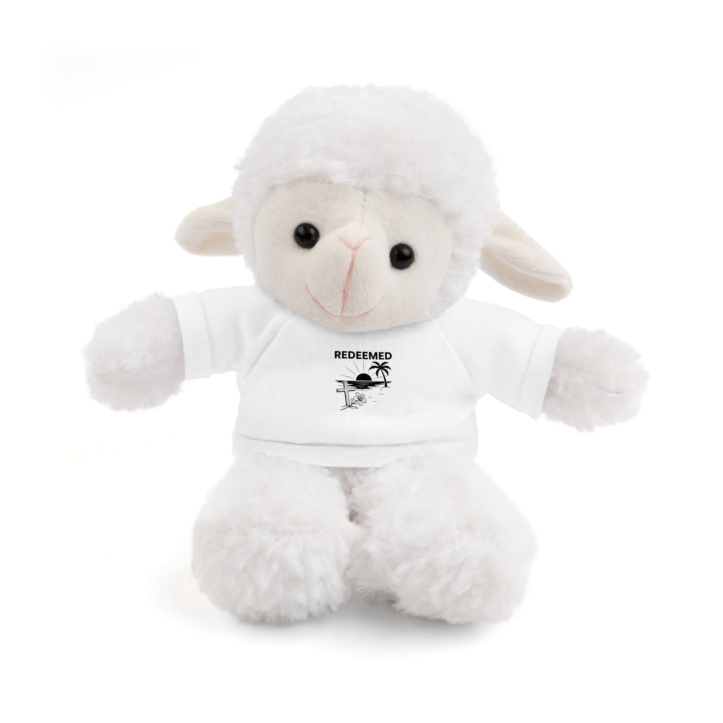 White plush lamb toy with 'REDEEMED' shirt on a white background