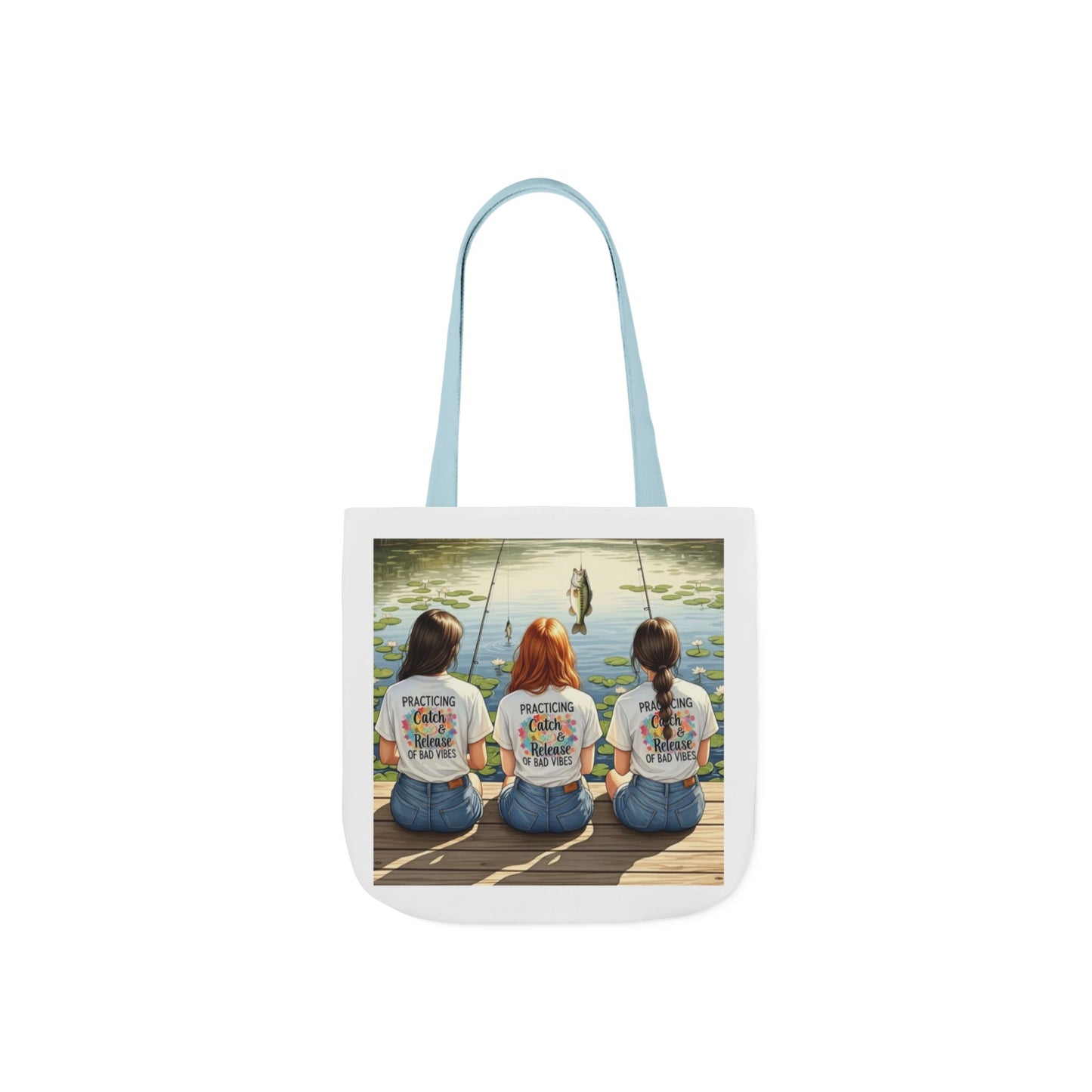 Tote bag with a printed design of three women fishing on a dock.