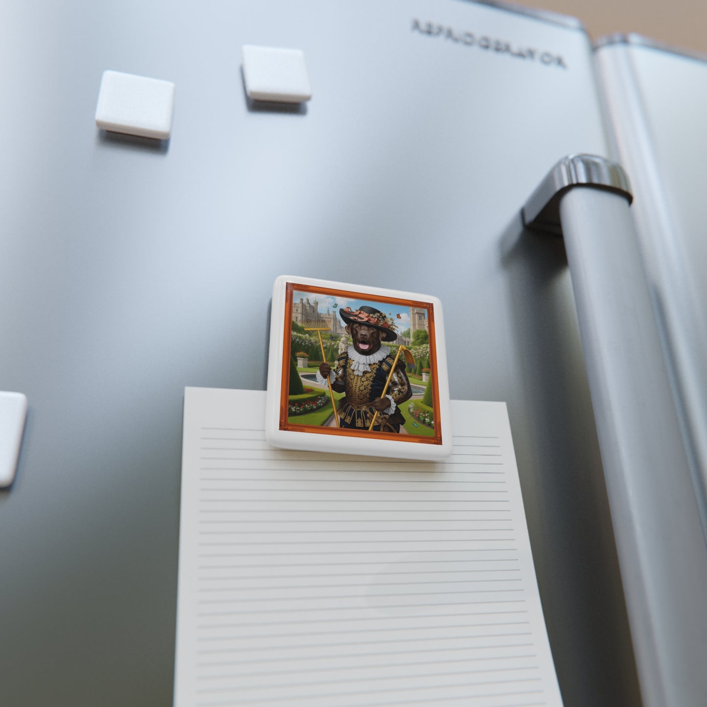 Sir Hank of the Kingdom of Barkshire Magnet with a on a refrigerator next to a notepad