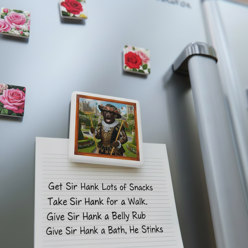 Sir Hank of the KIngdom of Barkshire Magnet with a historical figure on a refrigerator next to a notepad