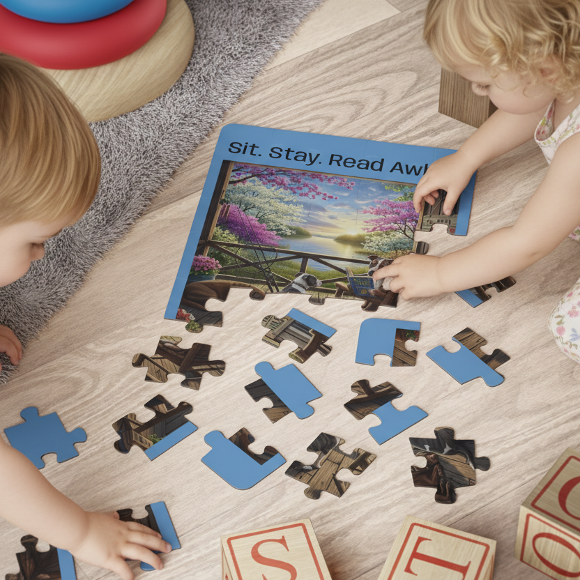 Two children playing with a puzzle on a wooden floor.