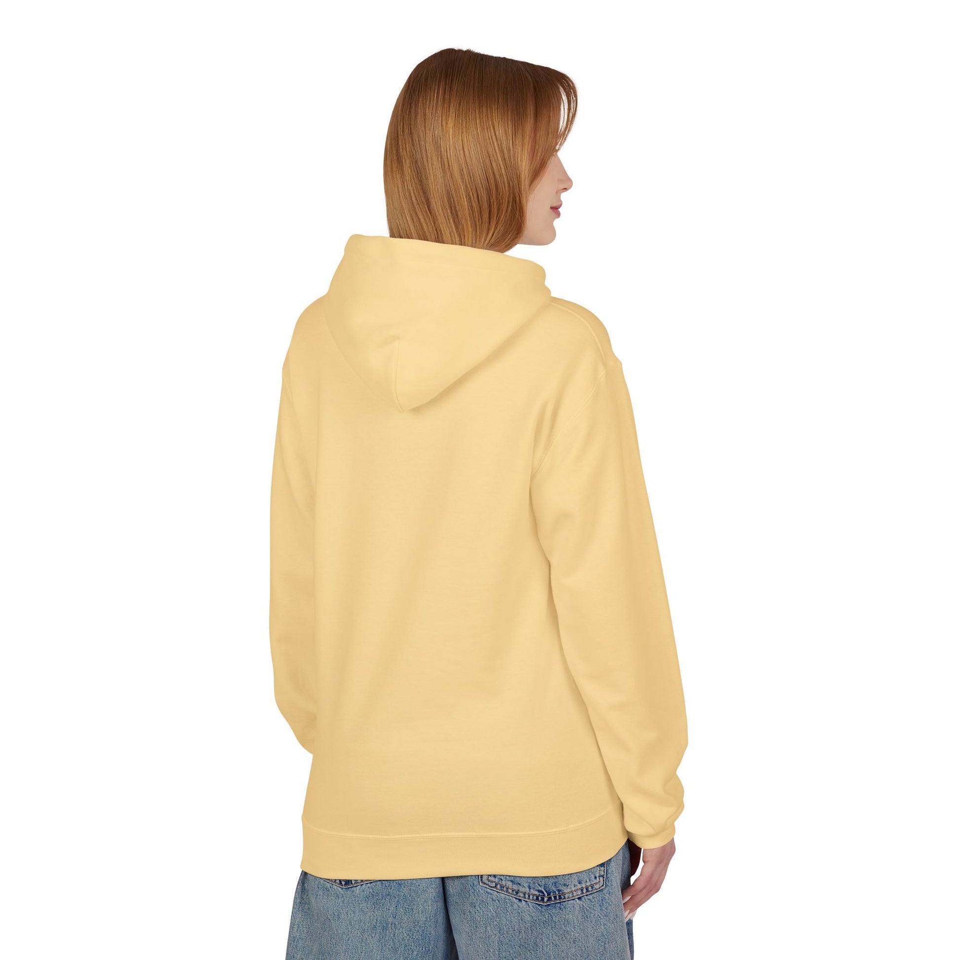 Person wearing a yellow hoodie on a white background