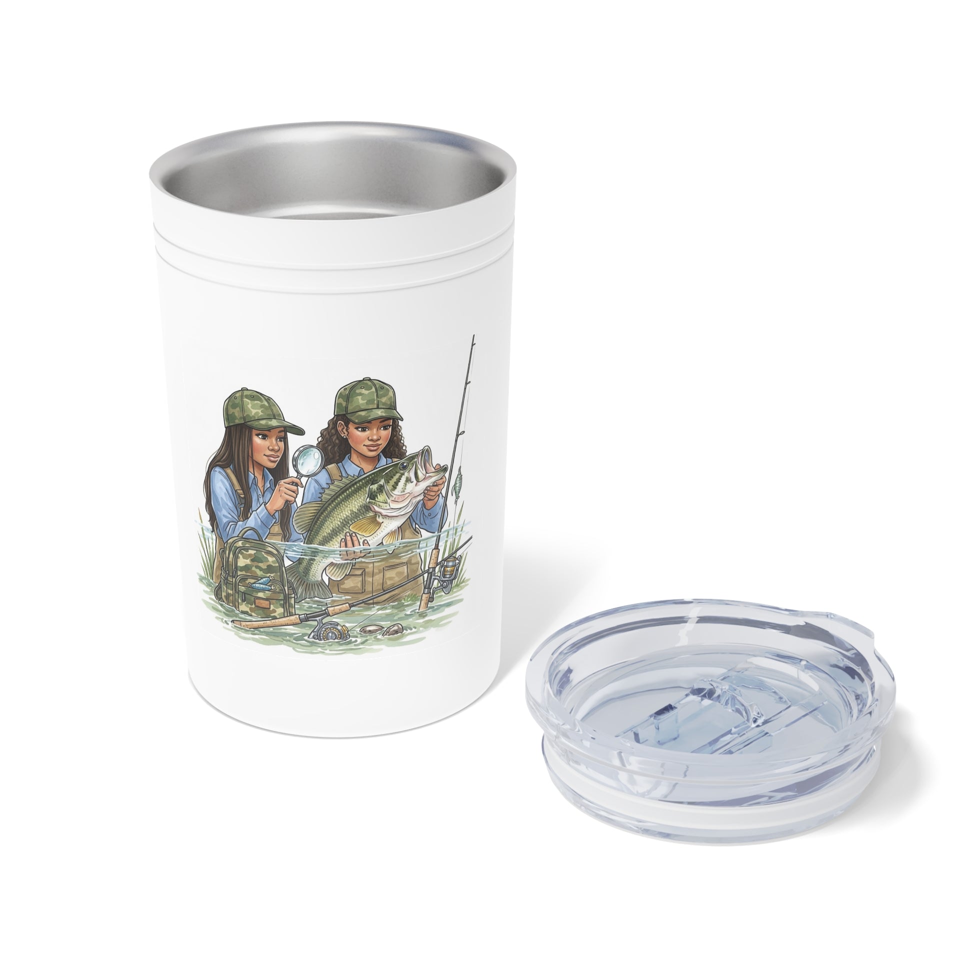 Tumbler with fishing design and two people on a white background