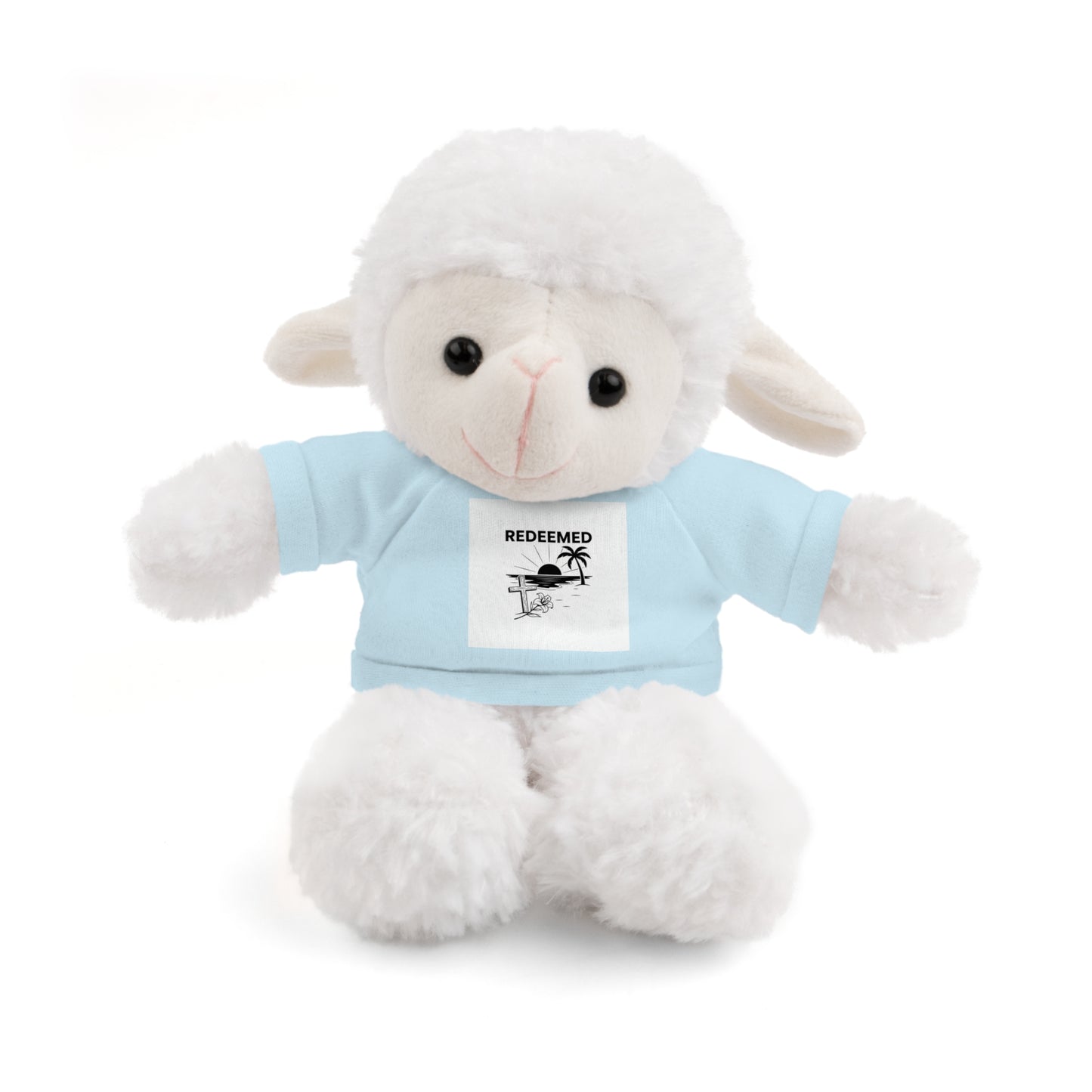 White plush lamb toy wearing a light blue shirt with a graphic and text on a white background