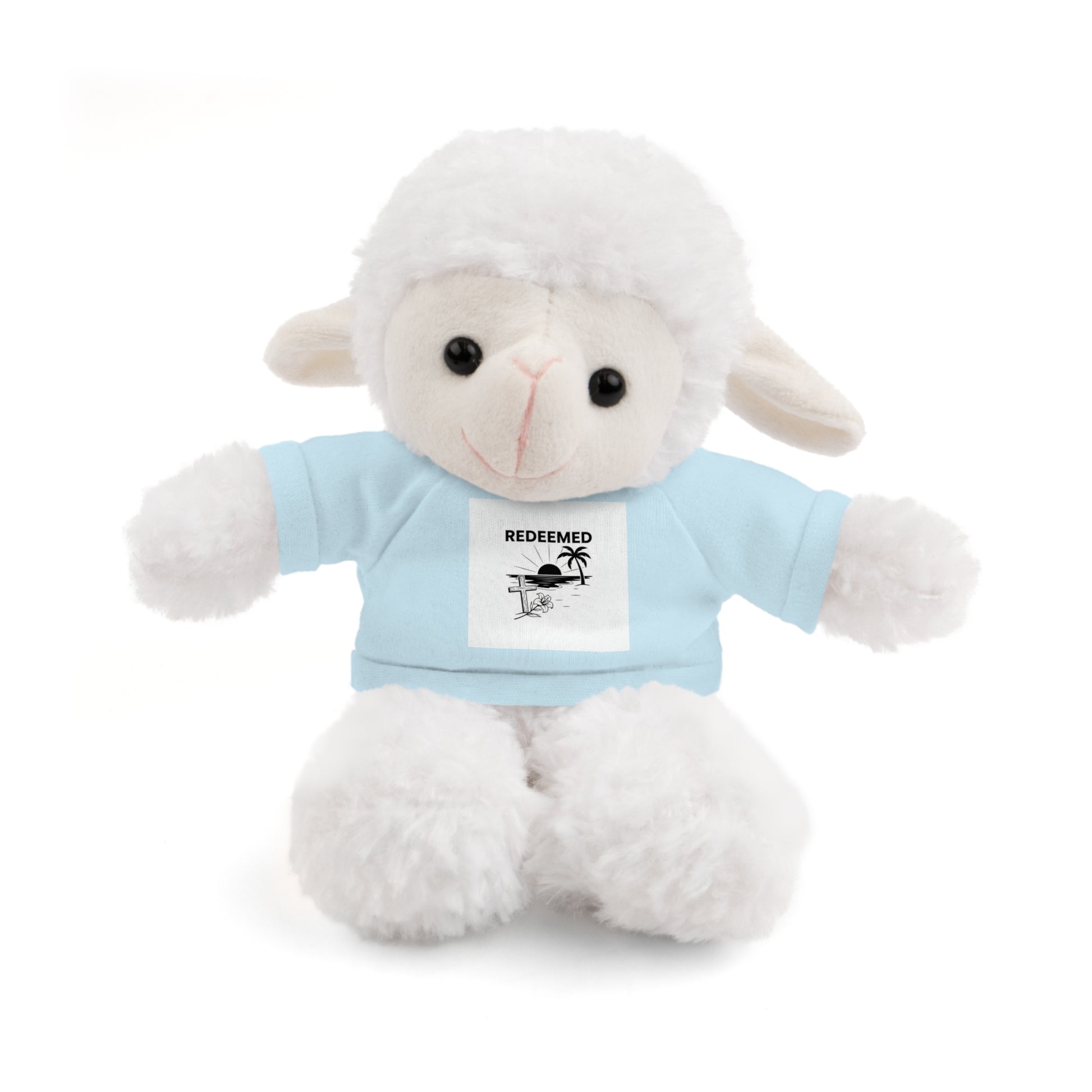 White plush lamb toy wearing a light blue shirt with a graphic and text on a white background