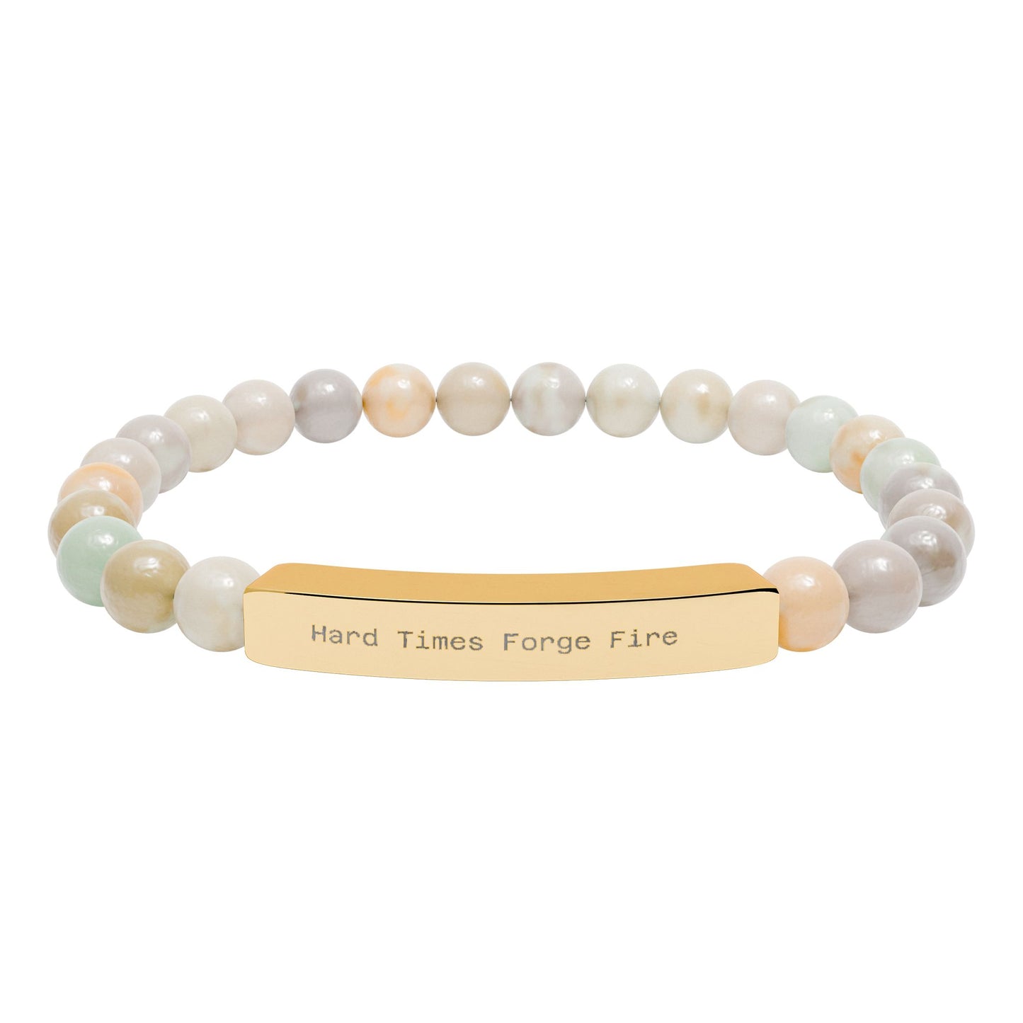 Hard Times Forge Fire natural stone bracelet with beaded design and gold tag on a white background