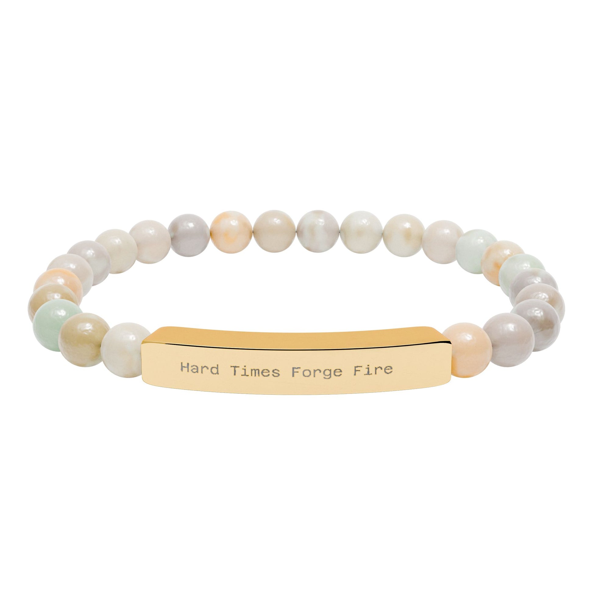 Hard Times Forge Fire natural stone bracelet with beaded design and gold tag on a white background