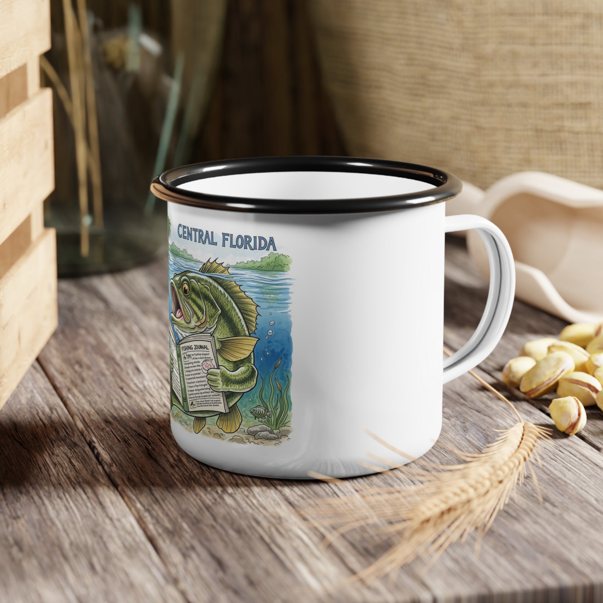 White mug with fishing design and 'Central Florida' text on a wooden surface