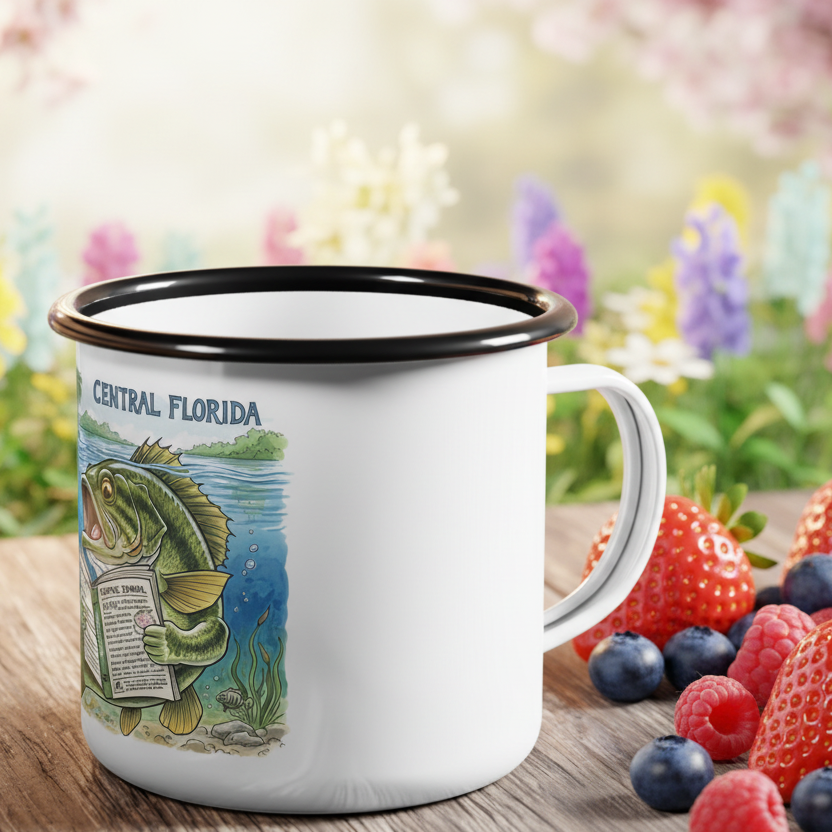 White mug with black rim featuring a fishing illustration on a wooden surface with berries and flowers in the background