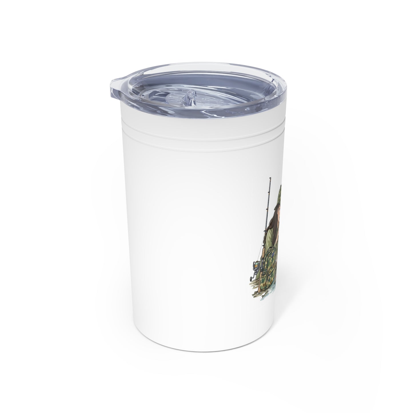 Side view of white tumbler with a blue lid 