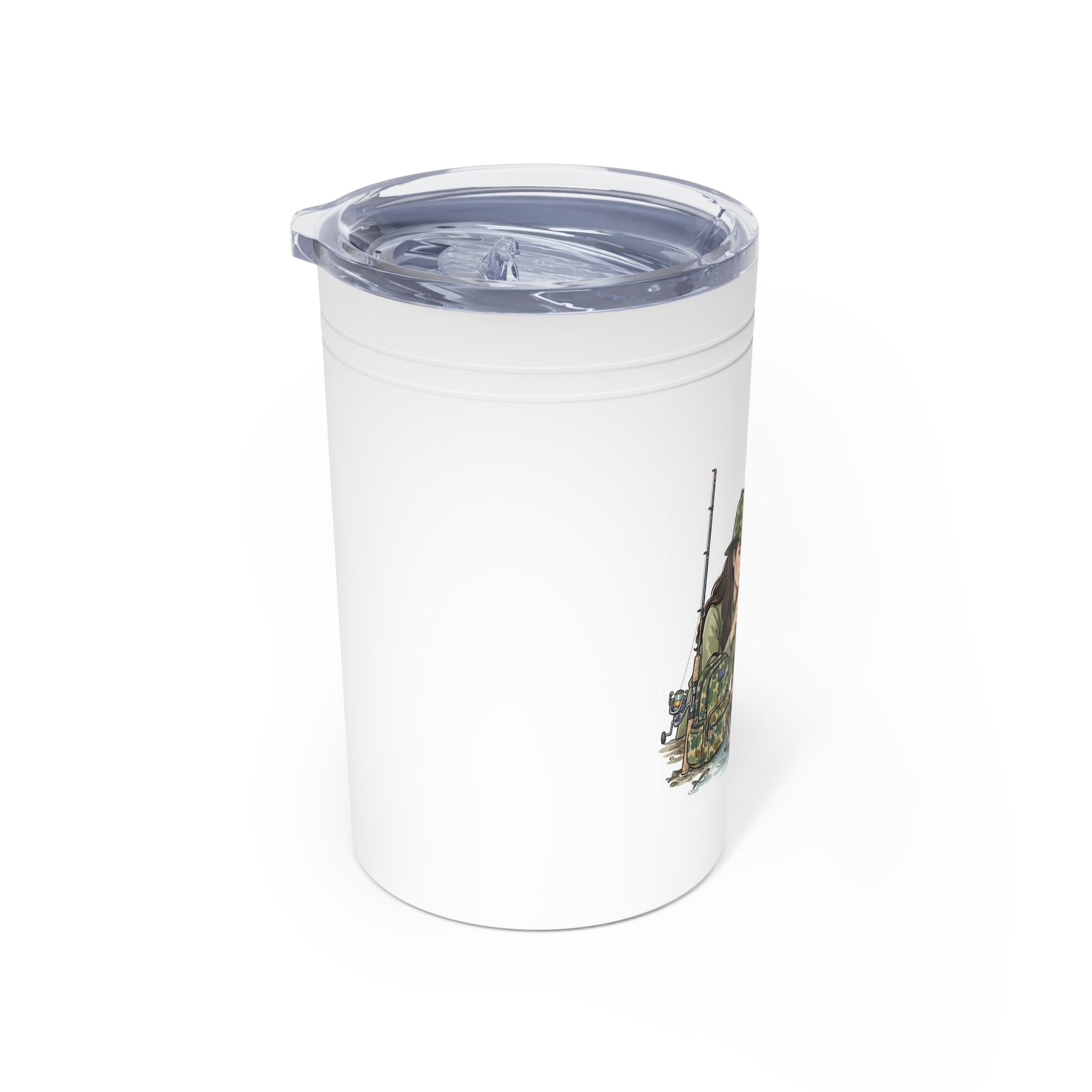 Side view of white tumbler with a blue lid 