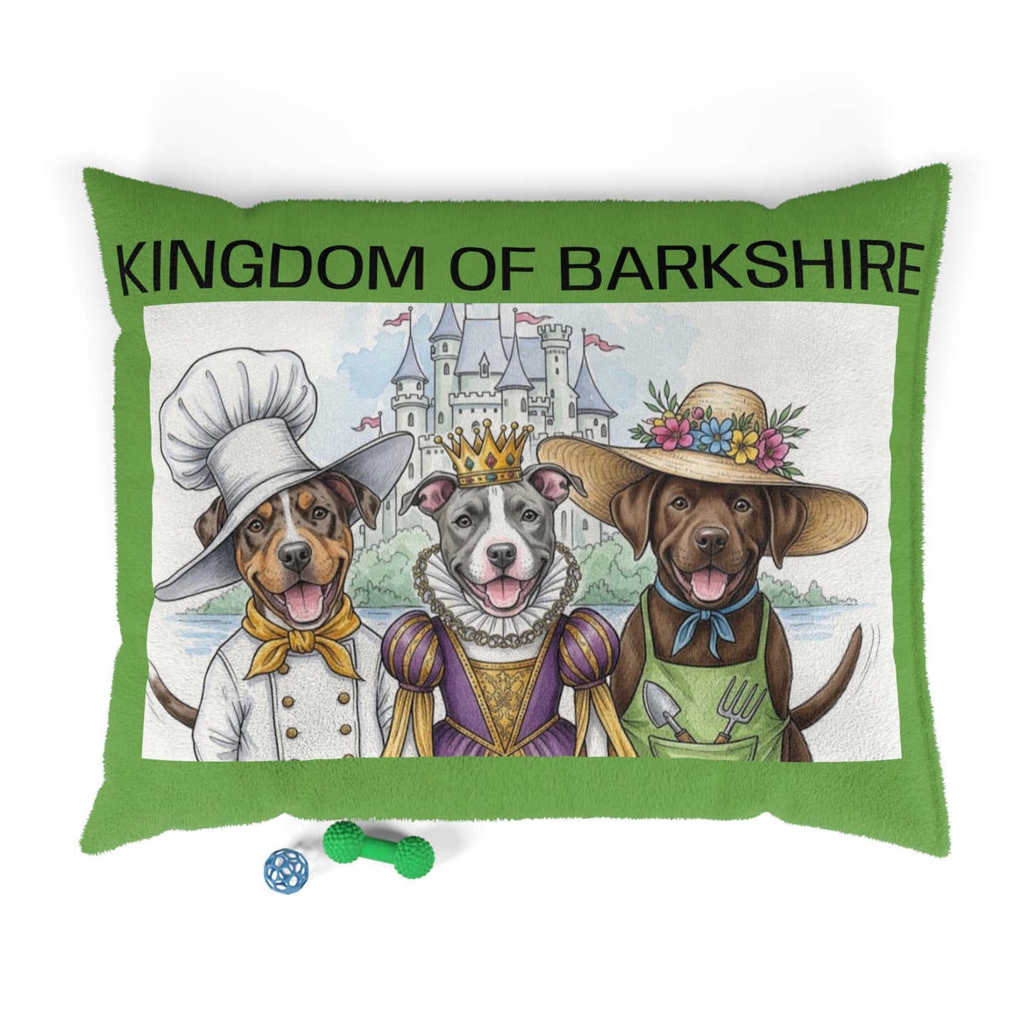 decorative pet bed pillow with Kingdom of Barkshire characters from the storybook