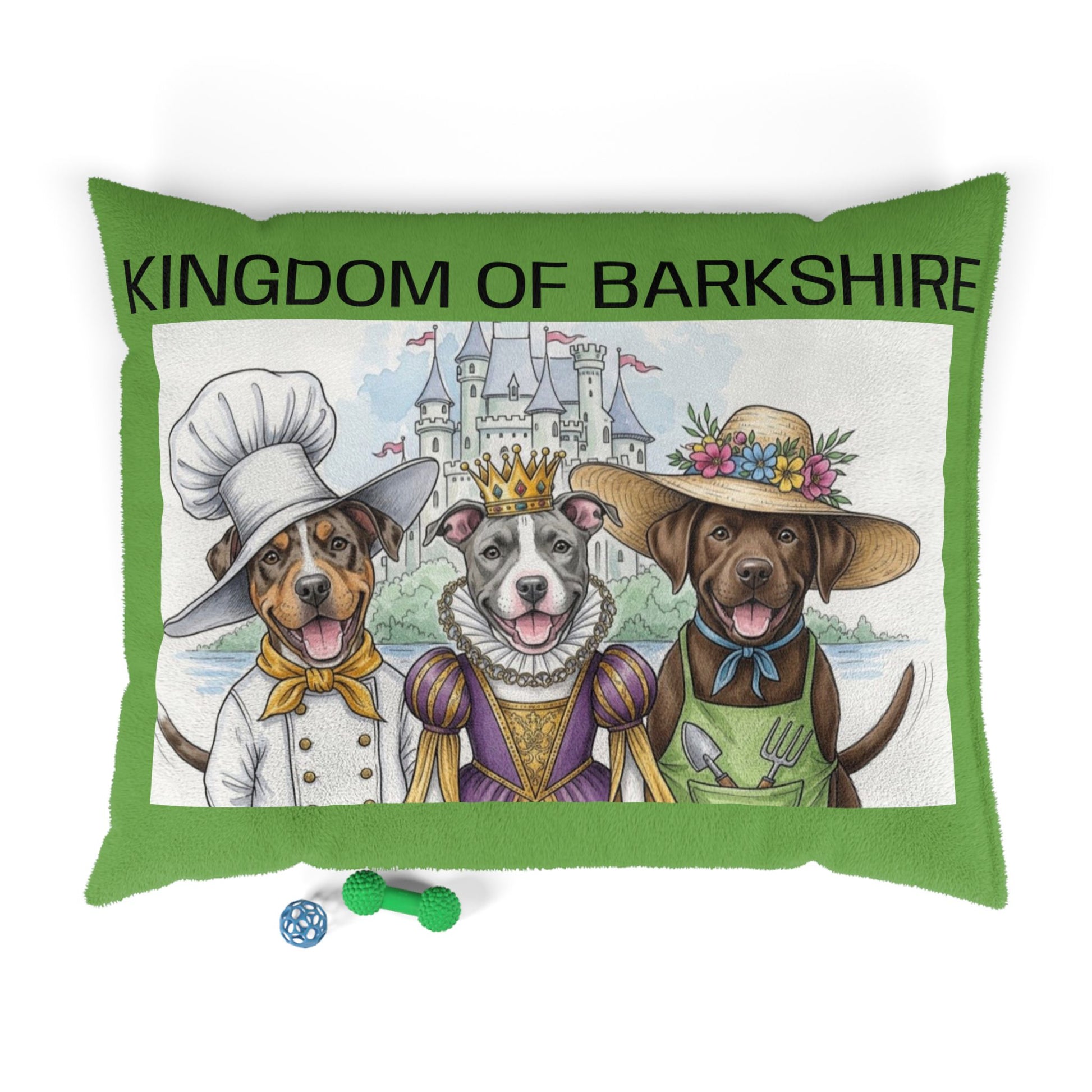 decorative pet bed pillow with Kingdom of Barkshire characters from the storybook