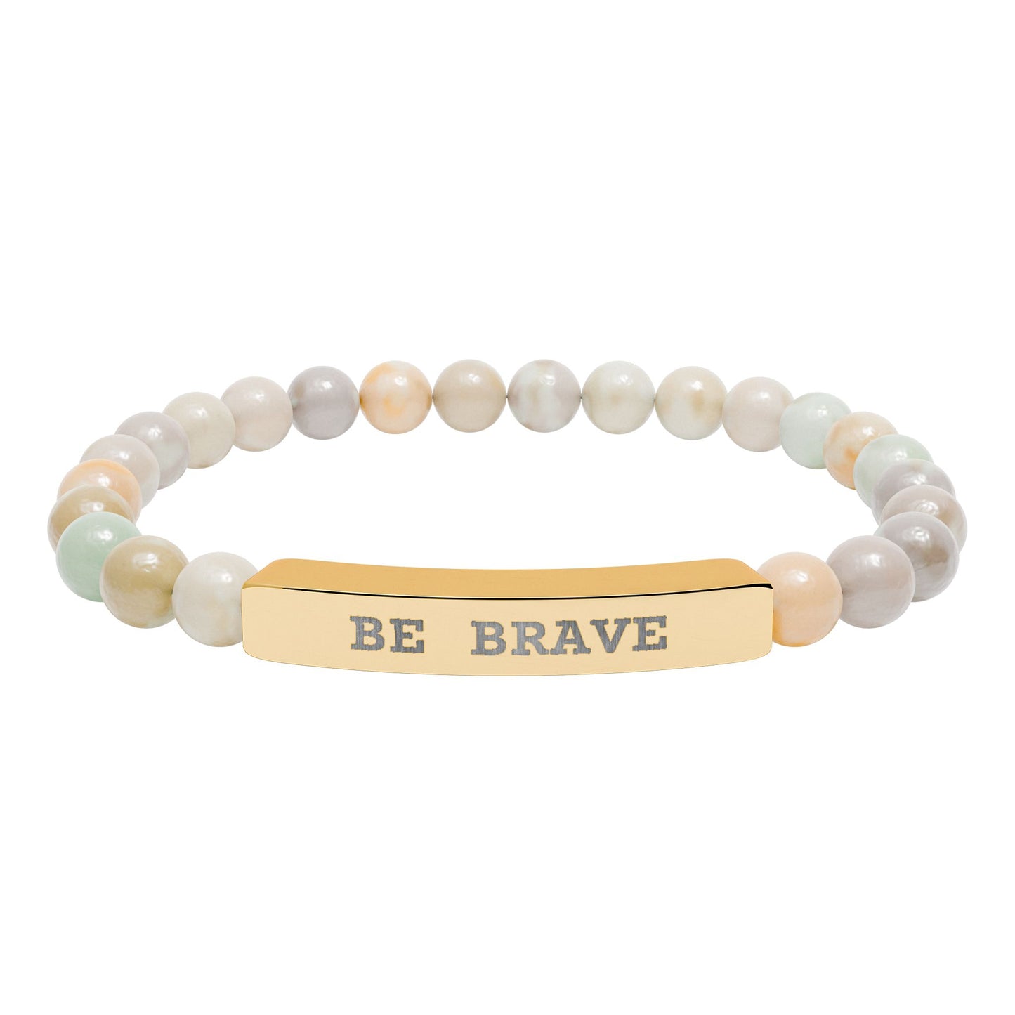 Natural stone beaded stretch bracelet with Be Brave engraved on gold bar on a white background.