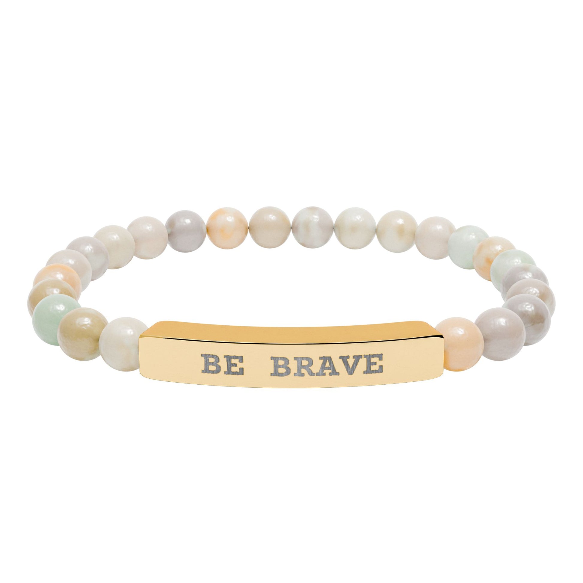 Natural stone beaded stretch bracelet with Be Brave engraved on gold bar on a white background.