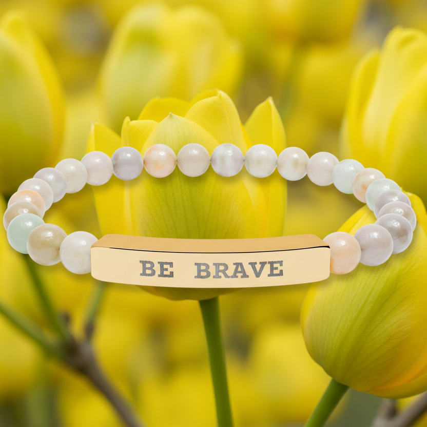 Natural Stone stretch bracelet with 'BE BRAVE' gold bar in front of yellow flowers