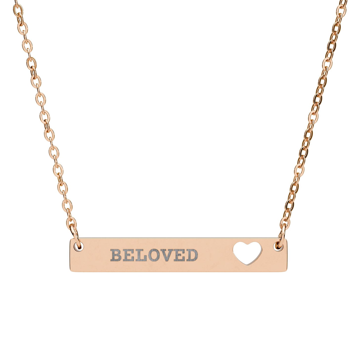 Rose gold necklace with 'Beloved' bar and heart cutout on a white background