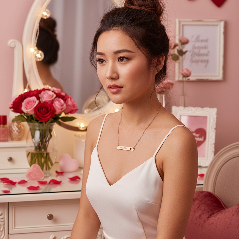 Woman in a white dress with a necklace in a decorated room with flowers and decor.