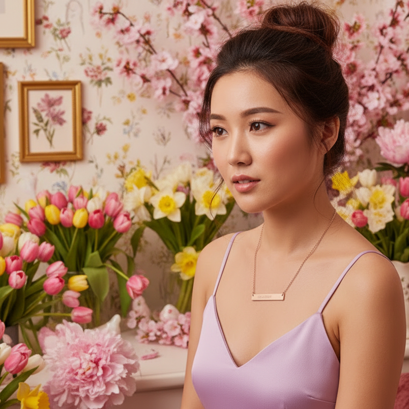 Woman in a lavender dress standing in front of floral decorations with heart necklace Beloved