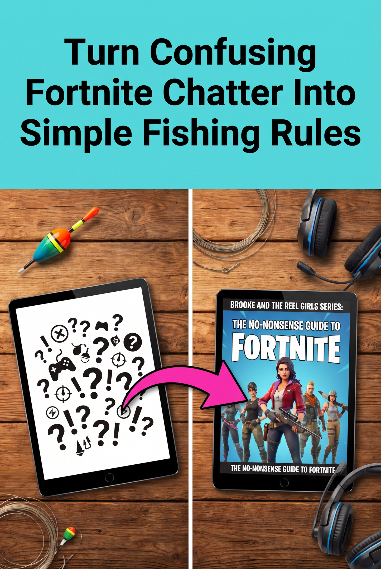 Promotional graphic with the headline 'Turn Confusing Fortnite Chatter Into Simple Fishing Rules' above a split wooden tabletop scene. On the left, a tablet shows a white screen with black question marks and fishing-related symbols.