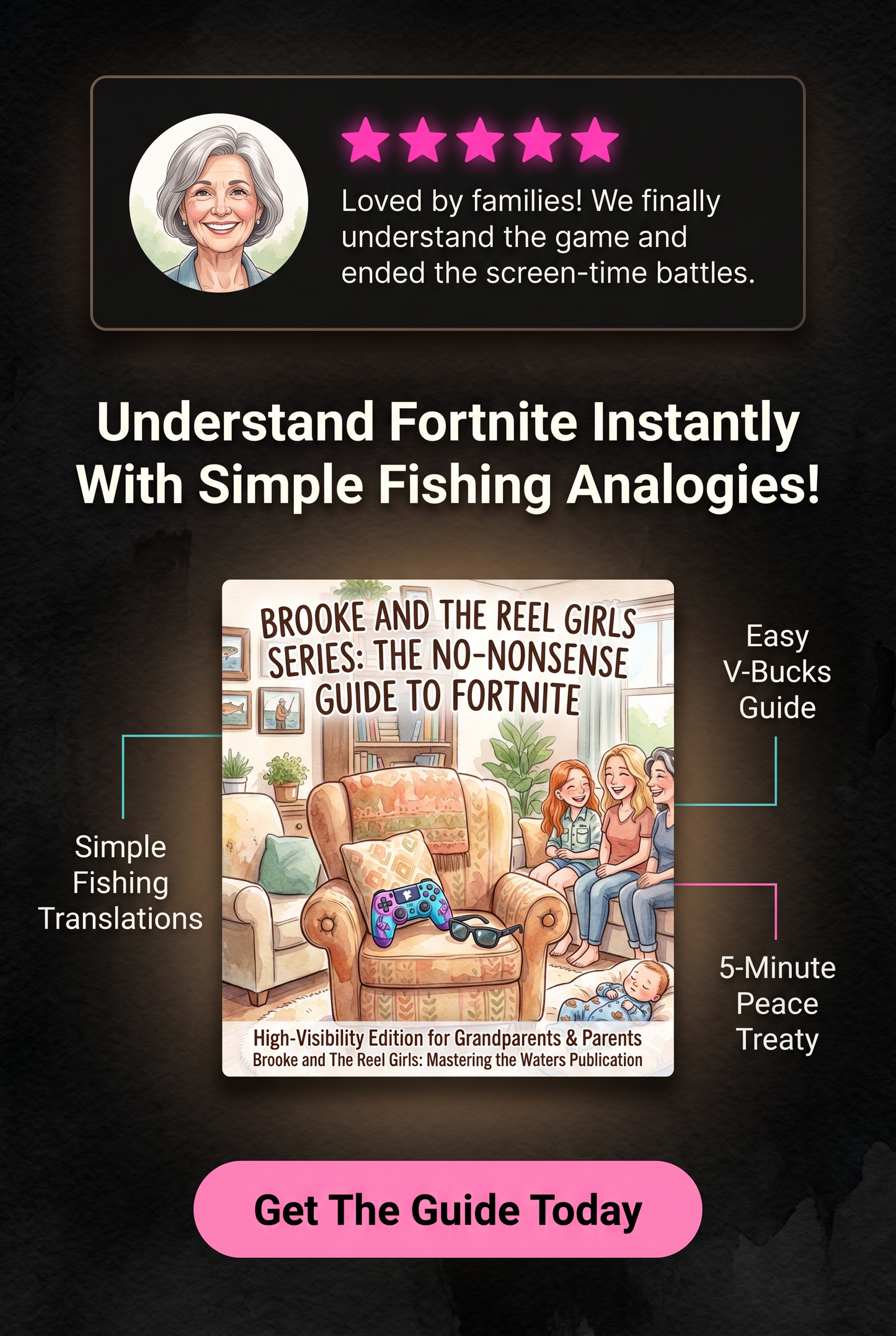 Promotional graphic for a book titled 'Brooke and the Reel Girls Series: The No-Nonsense Guide to Fortnite' with a pink 'Get The Guide Today' button, a star rating badge with a woman's photo, and text highlighting simple fishing analogies and easy V-Bucks guidance on a dark background.