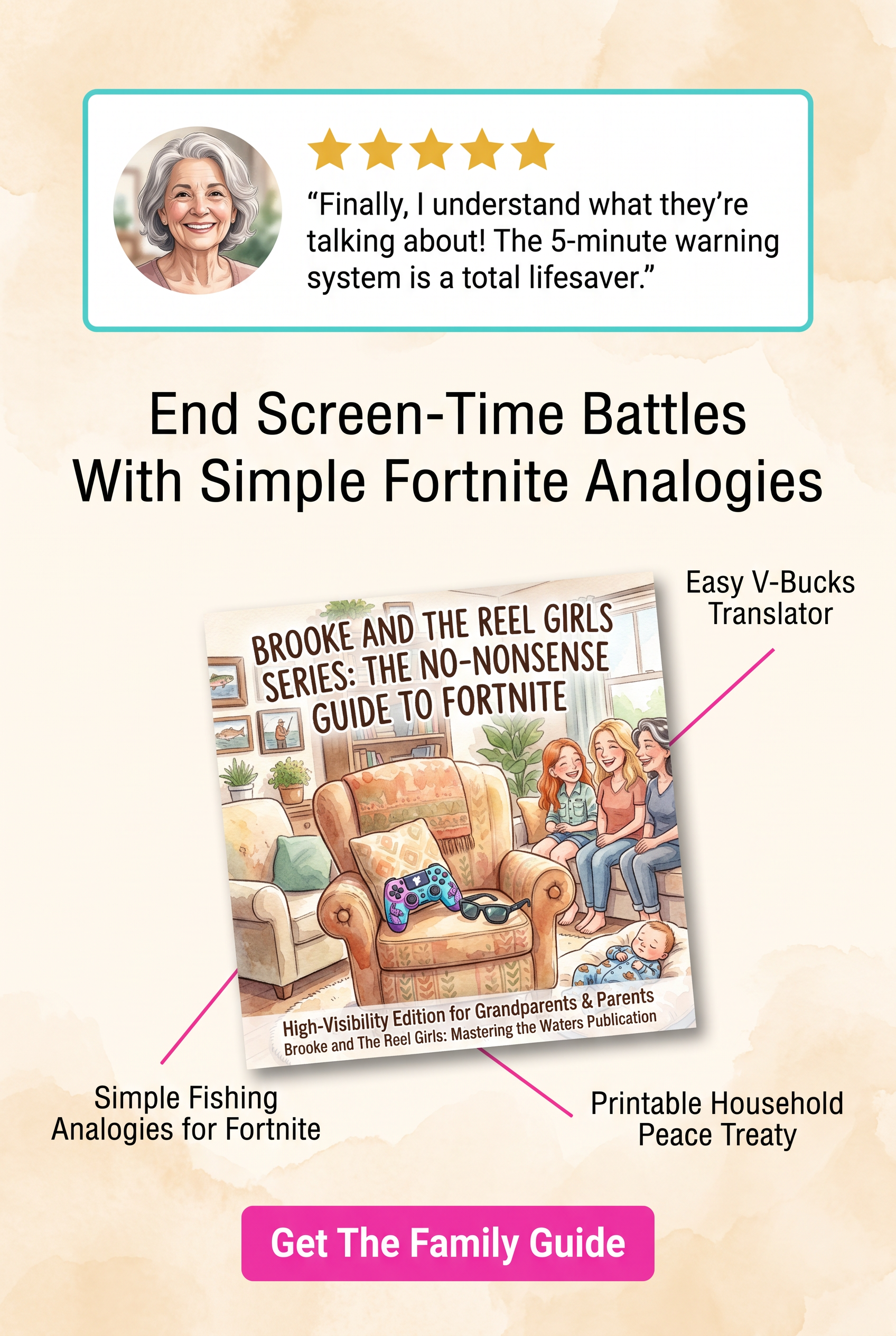 Promotional graphic for a printable family guide titled 'Brooke and the Reel Girls Series: The No-Nonsense Guide to Fortnite' on a light beige background. The design includes a customer testimonial at the top, descriptive text, a small illustrated cover preview of the guide, callout lines with features, and a pink 'Get The Family Guide' button.