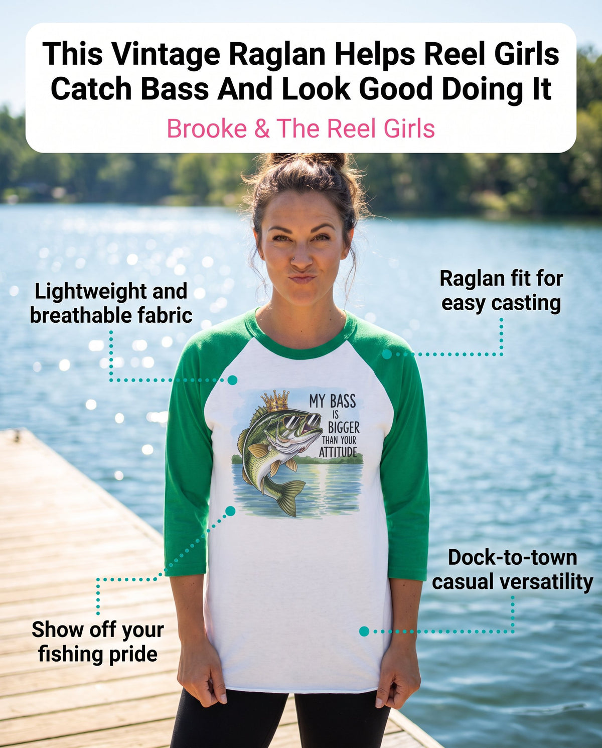 Girl on a dock modeling this raglan t-shirt with 3/4 sleeves.
