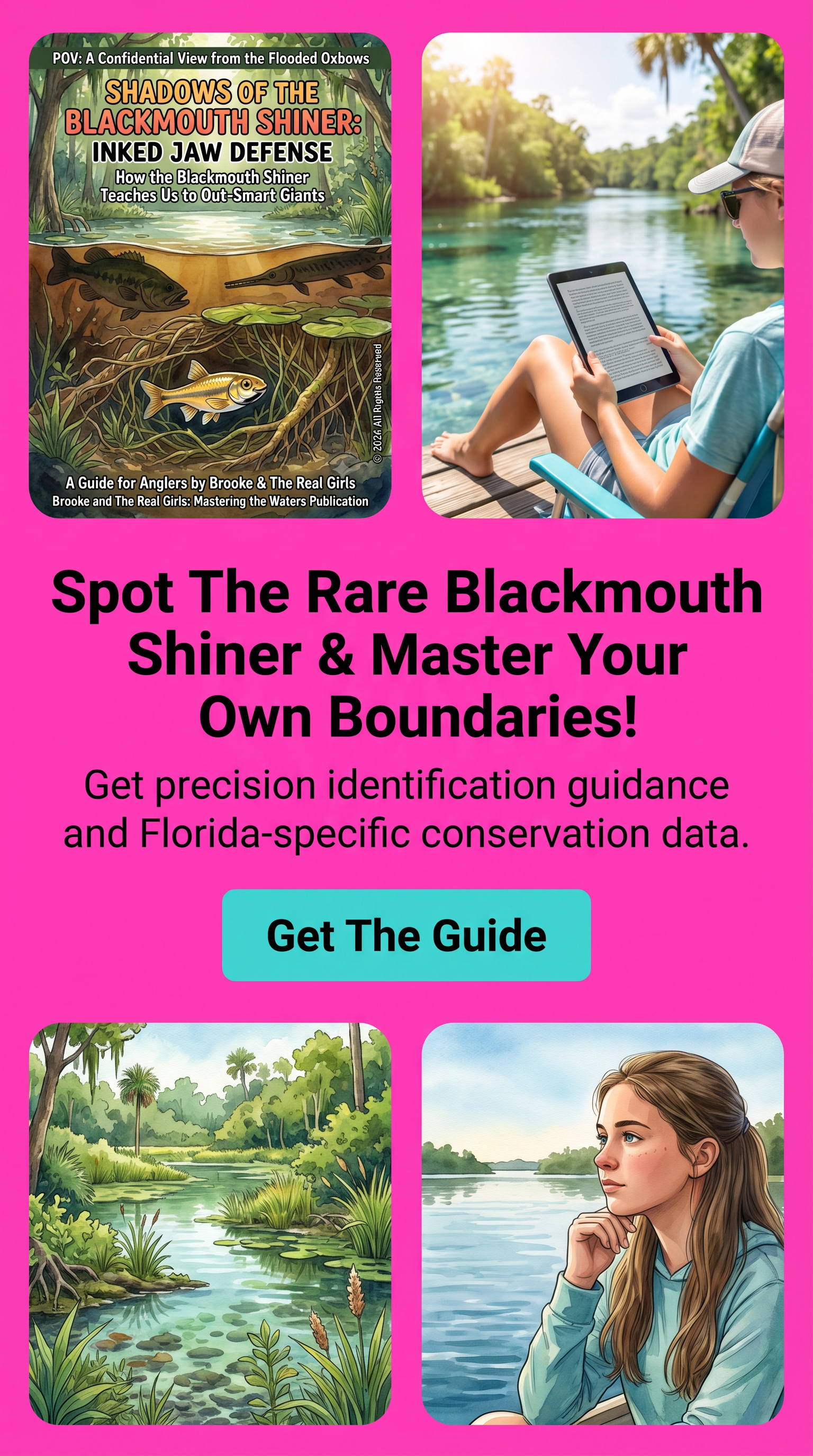 Promotional graphic for a guide titled 'Shadows of the Blackmouth Shiner: Inked Jaw Defense' with a bright pink background, featuring book cover art, a person using a tablet by a lake, a blackmouth shiner illustration, and another woman looking thoughtfully by the water. Large text reads 'Spot The Rare Blackmouth Shiner & Master Your Own Boundaries!' with a teal 'Get The Guide' button.