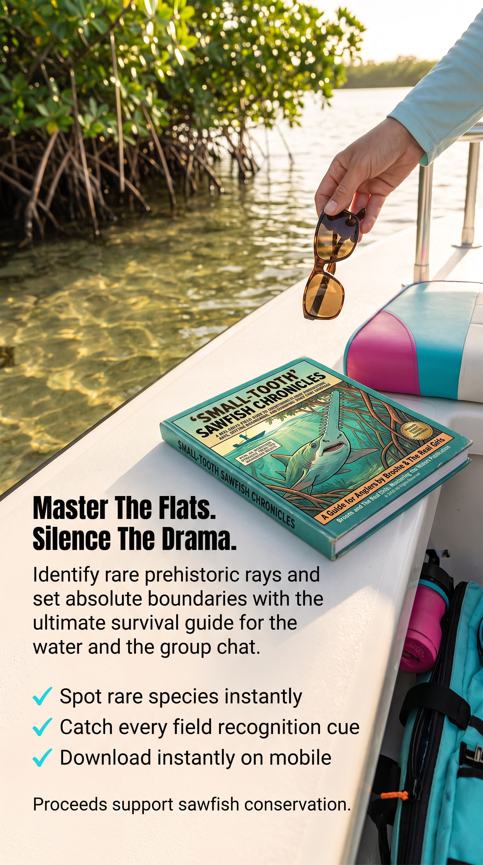 A book titled 'Small Island Survival Guide' lies on a white boat railing next to water and mangroves, with a hand holding sunglasses above it. Promotional text overlays the left side.