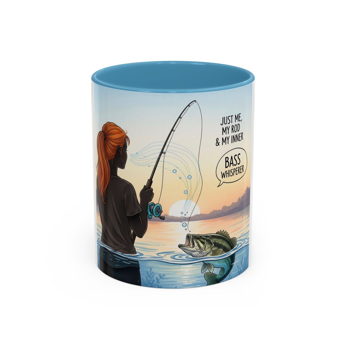 Ceramic mug with a fishing-themed design featuring a person, rod, and fish, on a white background.
