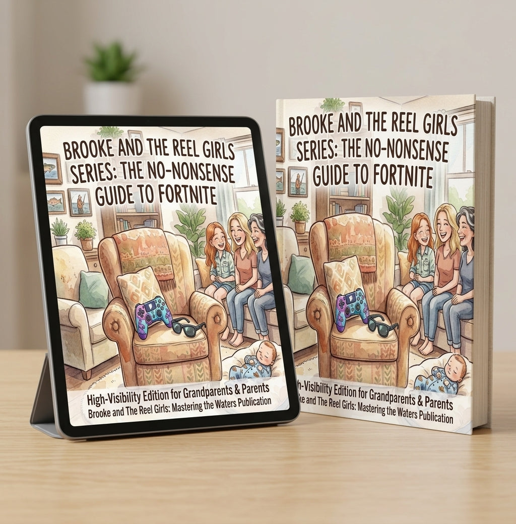 Two printed books or ebook covers for a children's series titled "Brooke and the Reel Girls Series: The No-Nonsense Guide to Fortnite" are shown on a light wood surface. One cover is displayed upright on a black stand, and the other lies flat beside it.  Instant Download (PDF & EPUB). Read immediately on any phone, tablet, Kindle, or computer. No physical book will be shipped.
