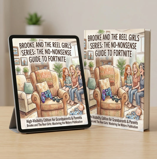 Two printed books or ebook covers for a children's series titled "Brooke and the Reel Girls Series: The No-Nonsense Guide to Fortnite" are shown on a light wood surface. One cover is displayed upright on a black stand, and the other lies flat beside it.  Instant Download (PDF & EPUB). Read immediately on any phone, tablet, Kindle, or computer. No physical book will be shipped.