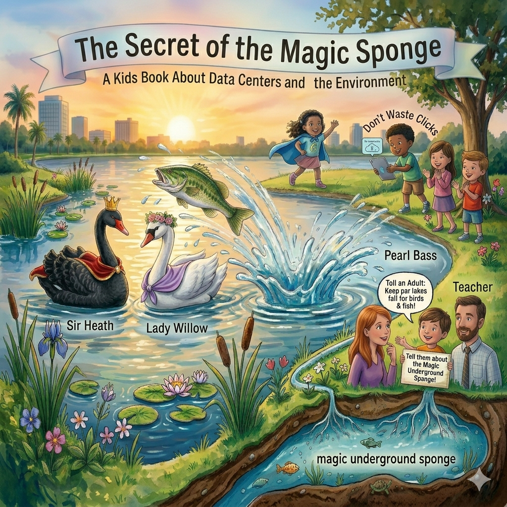 Cover of the Illustrated book cover of 'The Secret of the Magic Sponge' with children, animals, and educational elements.