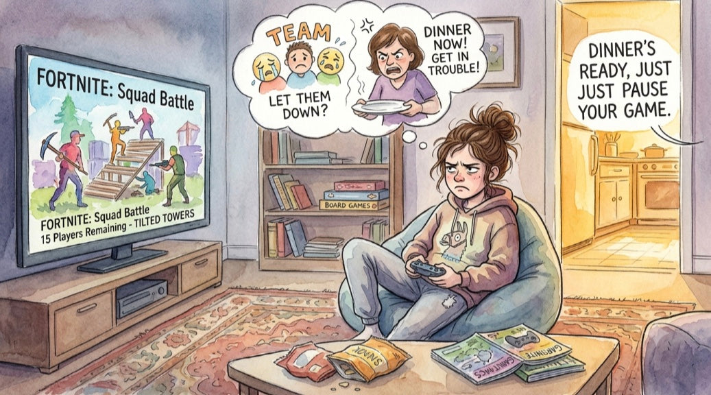 A comic-style illustration shows a person sitting in a beanbag chair in a living room, holding a game controller and looking at a TV screen showing Fortnite: Squad Battle. Speech bubbles above the person include 'TEAM', 'LET THEM DOWN?', and 'DINNER NOW! GET IN TROUBLE!', while a speech bubble on the right says 'DINNER'S READY, JUST PAUSE YOUR GAME. Instant Download (PDF & EPUB). Read immediately on any phone, tablet, Kindle, or computer. No physical book will be shipped.