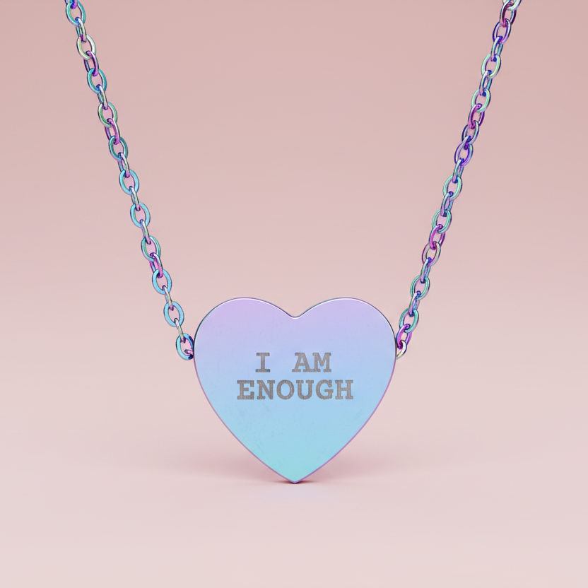 Necklace with a heart-shaped pendant that says 'I AM ENOUGH' on a pink background