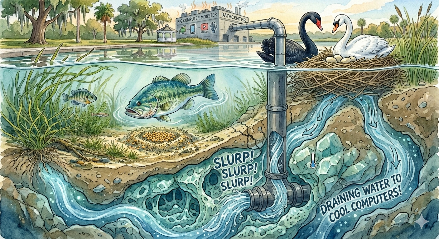 Illustration of a pond ecosystem with fish, swans, and a pipe labeled 'slurp! slurp! slurp!' draining water.